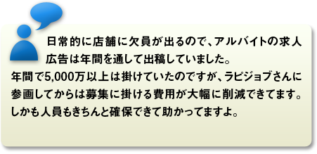 日常的に店舗に欠員が出るので、アルバイトの求人広告は年間を通して出稿していました。年間で5,000万以上は掛けていたのですが、ラピジョブさんに参画してからは募集に掛ける費用が大幅に削減できてます。しかも人員もきちんと確保できて助かってますよ。